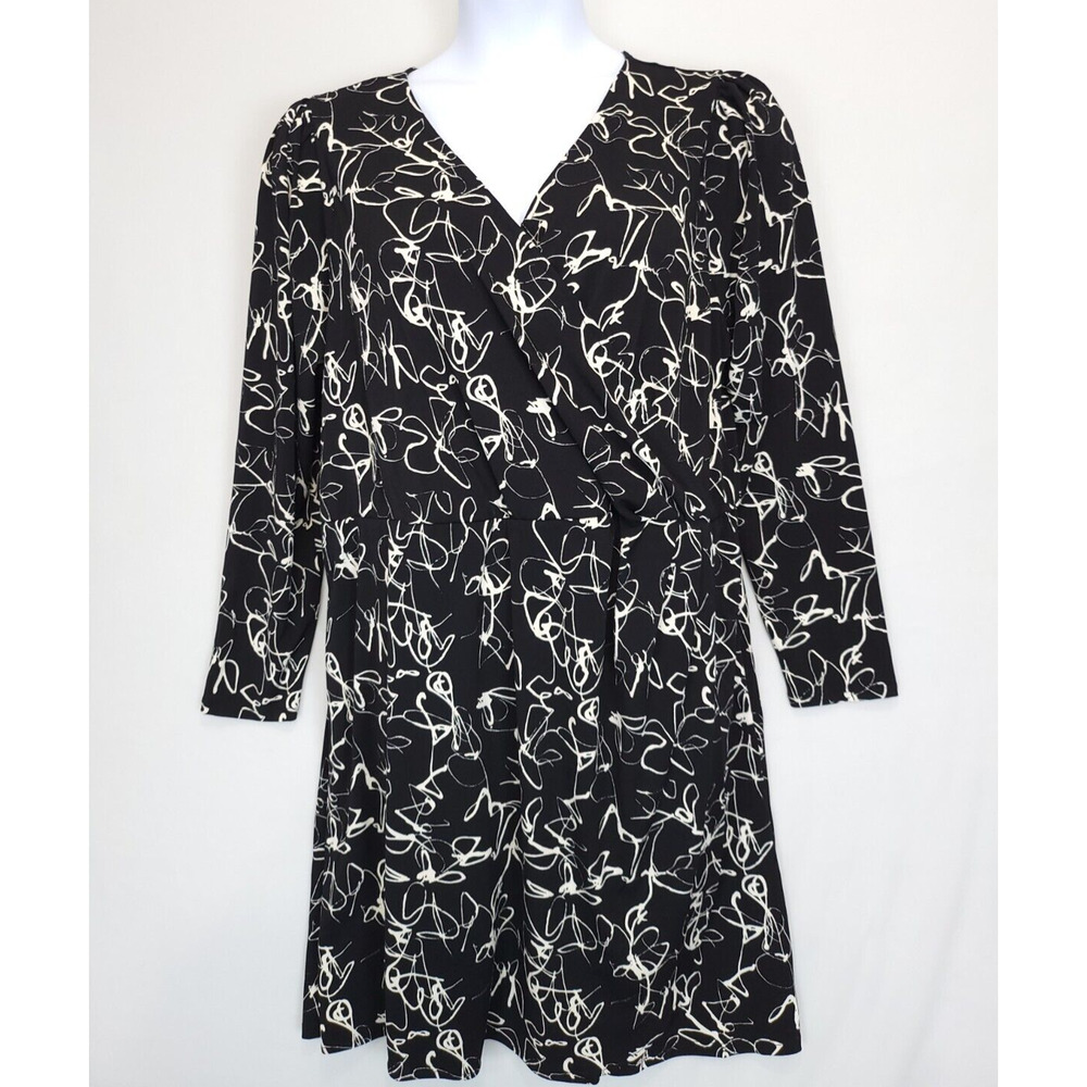Nine West Dress Knee Length Women 1X Long Sleeve Black White Office Church